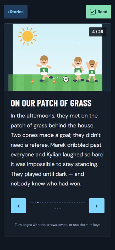 A page from a story: three children are playing on the small pitch behind the house