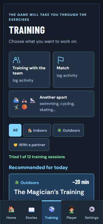 Choice of training: at home, outside or with a partner, duration in minutes for each training session